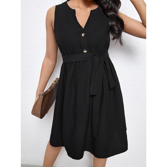 Maternity Button down Belted tank mini Dress black - Picture 3 of 6